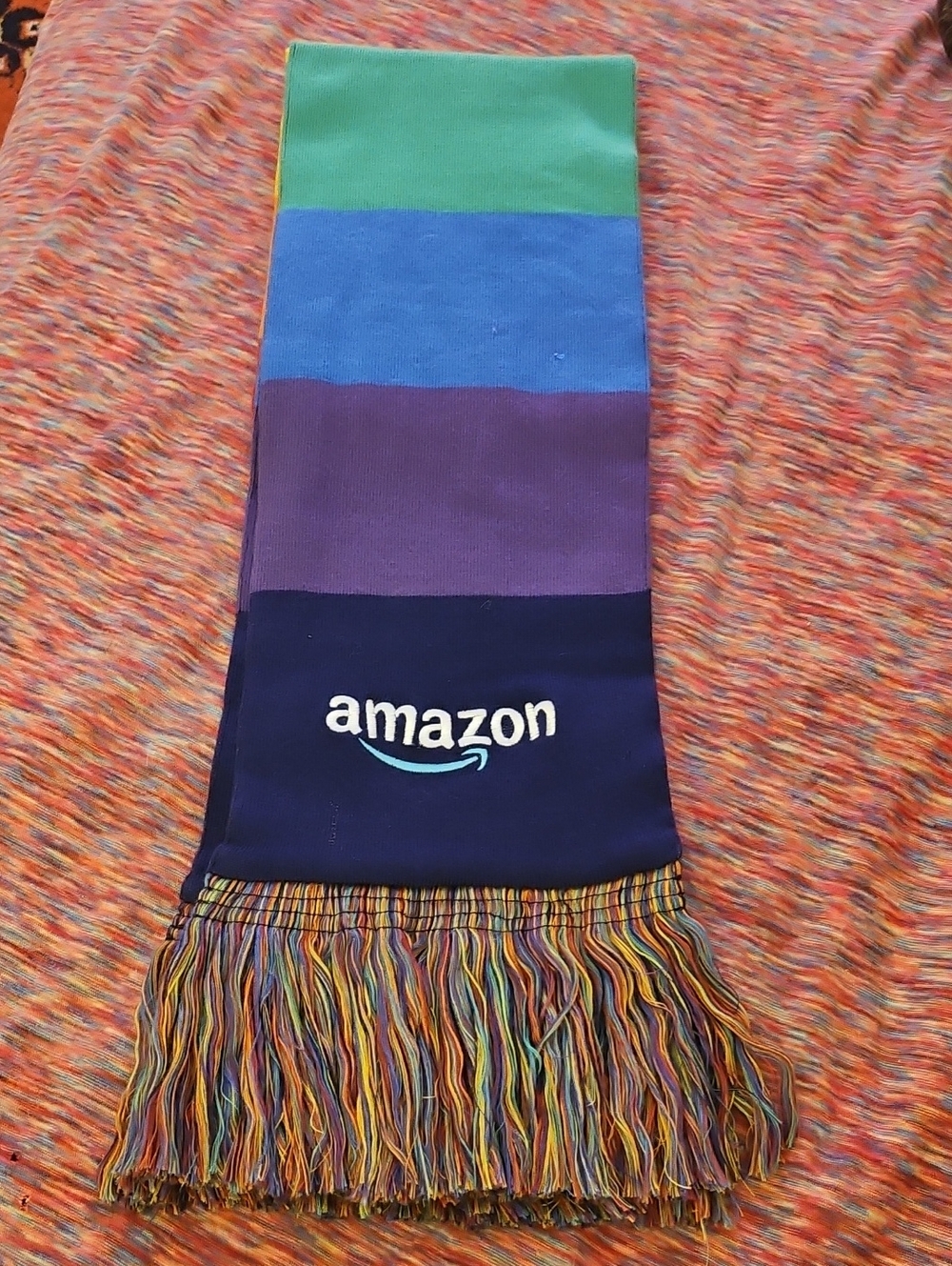 Amazon Colorblock Rainbow Stripe Scarf w Fringe - Orange, Grn, Blue, Prple, Navy